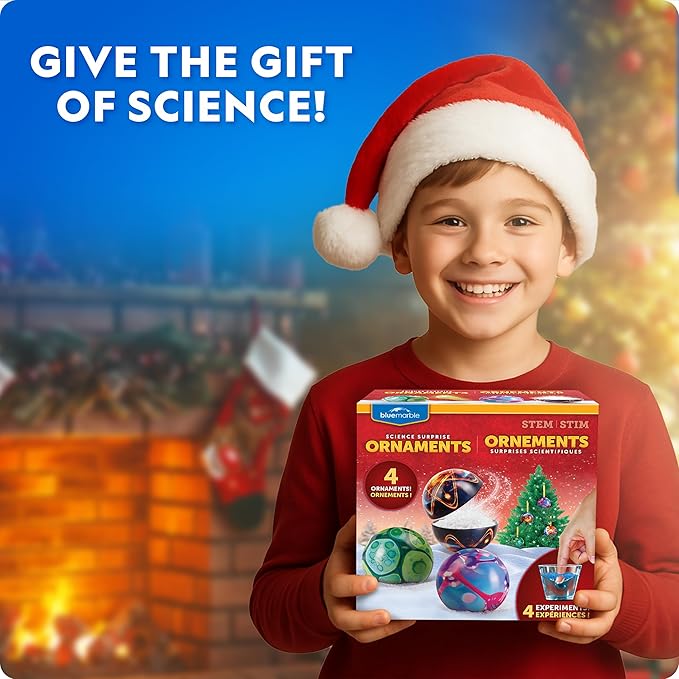 Blue Marble Science Surprise Christmas Ornament Kit for Kids – 4 Ornaments with Holiday Science Experiments Inside - Bouncy Ball Craft, DIY Instant Snow Activity, Stocking Stuffers for Boys and Girls