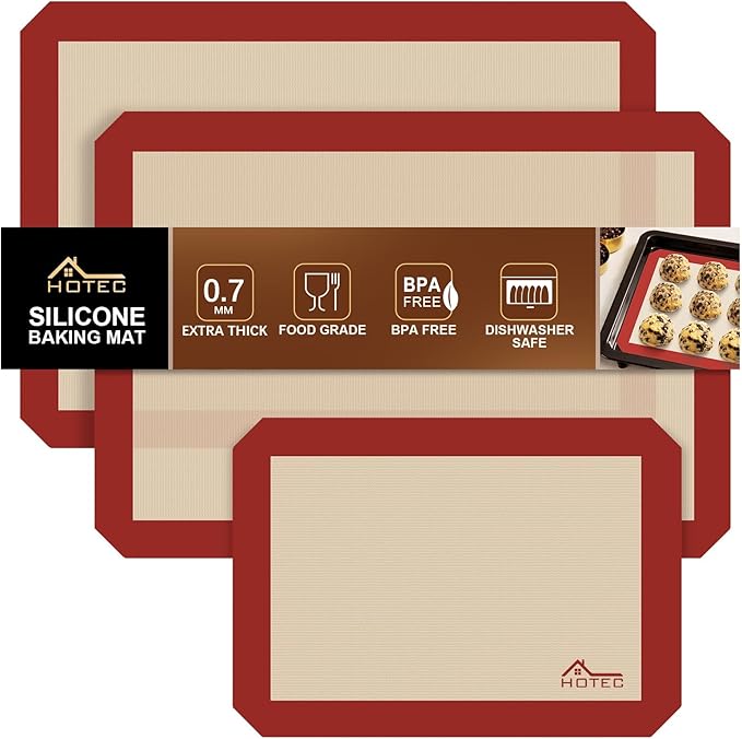 HOTEC Silicone Baking Mats 3 Pack – Thickened Non-Stick Reusable Silicone