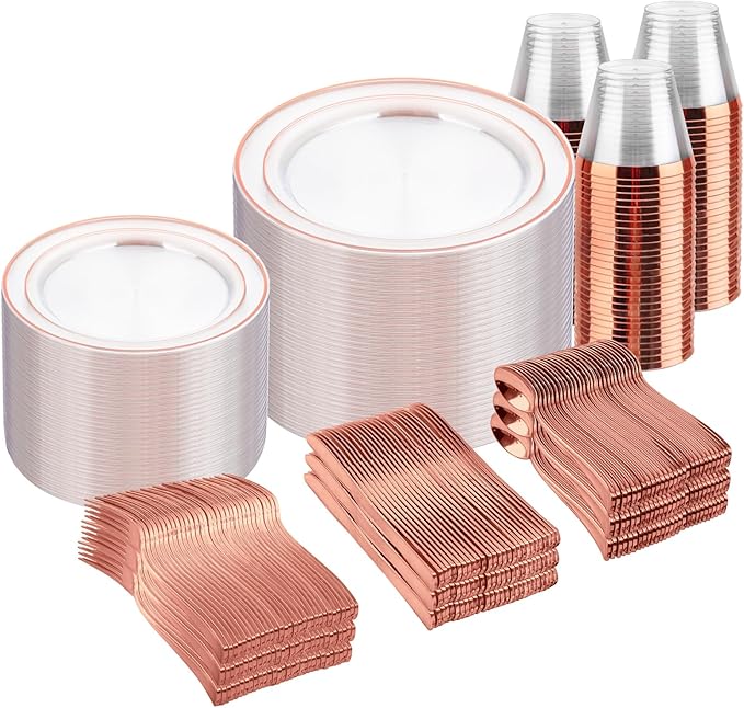 bUCLA 600PCS Clear Rose Gold Plastic Dinnerware Set Disposable - Include 100 Dinner Plates, 100 Dessert Plates, 100 Knives, 100 Forks, 100 Spoons, 100 Cups for Party, Wedding & Mother’s Day