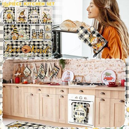 Fourluoo 10 Pcs Bee Kitchen Decor Set 4 Kitchen Towels 2 Pot Holders 2 Oven