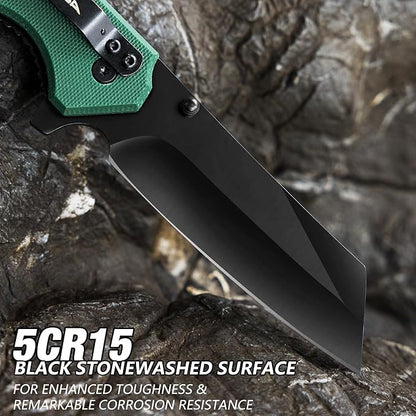 FLISSA Folding Knife, 4-3/4" Reverse Tanto Folding Pocket Knife, Black Stonewash Blade, G10 Handle, for Hunting, Survival, Camping and Outdoor Activities, Great Gifts for Dad, Husband, Friend