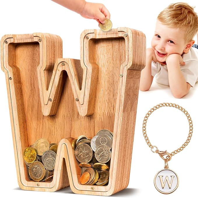 SummiDate Wooden Letter Piggy Bank| Piggy Bank for Boys Girls Toddler| Alphabet W Money Bank| Coin Bank Birthday Gift for Kids|Birthday Gift for Kids (W)