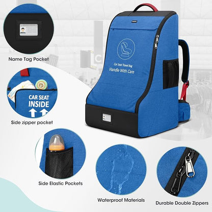 RAINSMORE Padded Car Seat Travel Bag for Airplane Heavy Duty Car Seat Backpack for Air Travel Baby Carseat Cover Bags for Airport Large Car Seats Carrier Fits Car Seats & Booster Seats,Blue