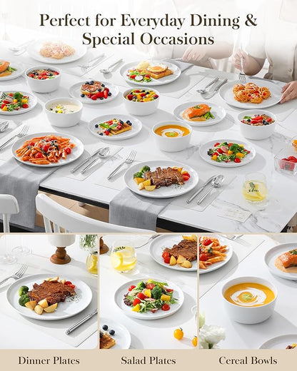 MALACASA 24 Pieces Gourmet Porcelain Dinnerware Sets, Premium Plates and Bowls Set, High-Fired Ceramic Dishes Set for 8, Chip & Scratch Resistant, Microwave Dishwasher Safe, White, Series LEXI