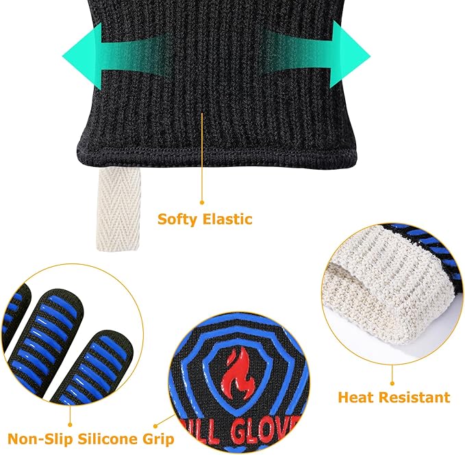 QUWIN BBQ Gloves, Oven Gloves 1472℉ Extreme Heat Resistant, Grilling Gloves