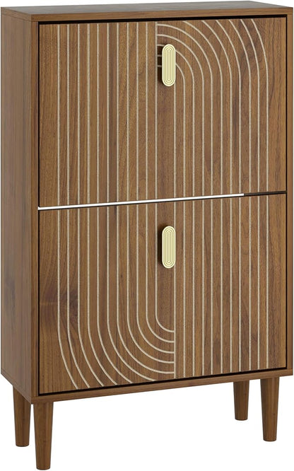 Smuxee Shoe Cabinet with 2 Flip Drawers, 23.6" Walnut Hidden Shoe Storage