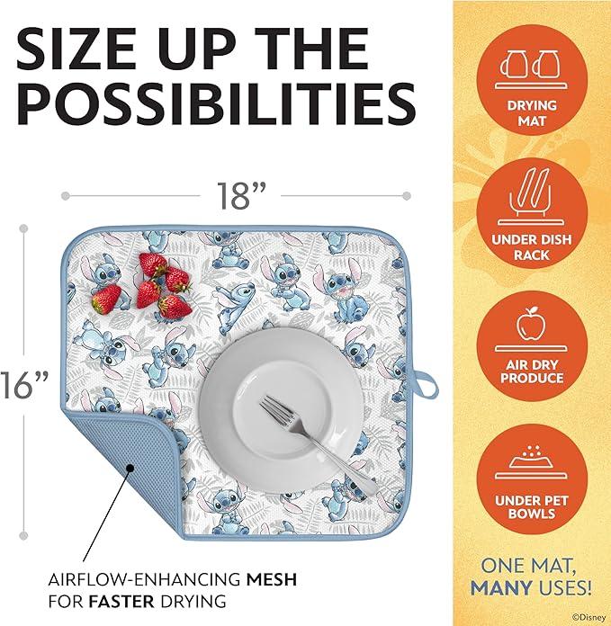 Disney Dish Drying Mats for Kitchen Counter – 16" x 18" Absorbent Kitchen