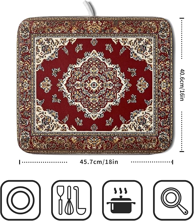 Giwawa Vintage Boho Dish Drying Mat Antique Tribal Rustic Red Floral Dish