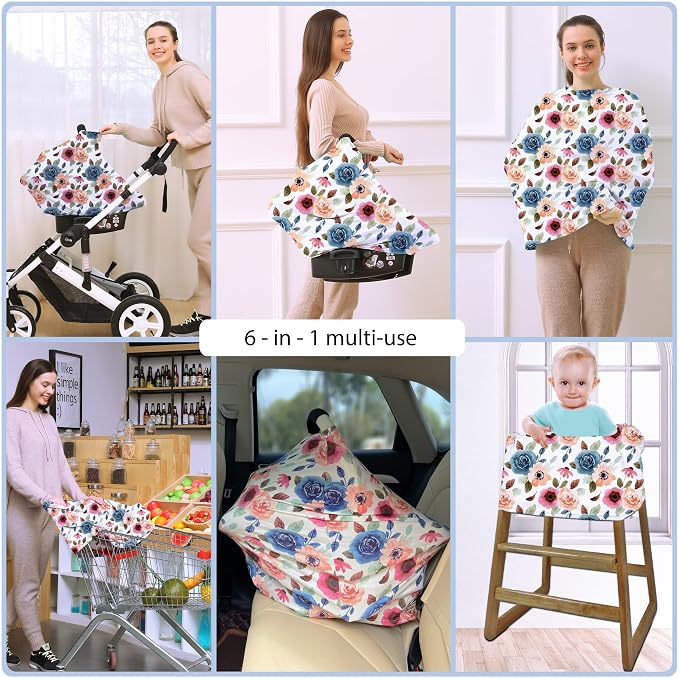 Car Seat Covers for Babies - Multi- use Nursing Carseat Canopy, Breastfeeding Covers, Baby Shower Gifts for Boys and Girls (Colourful Rose)