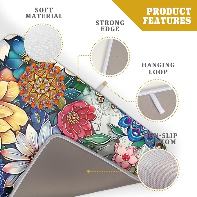 Boho Floral Dish Drying Mat for Kitchen Counter 18x24 Inch Super Absorbent