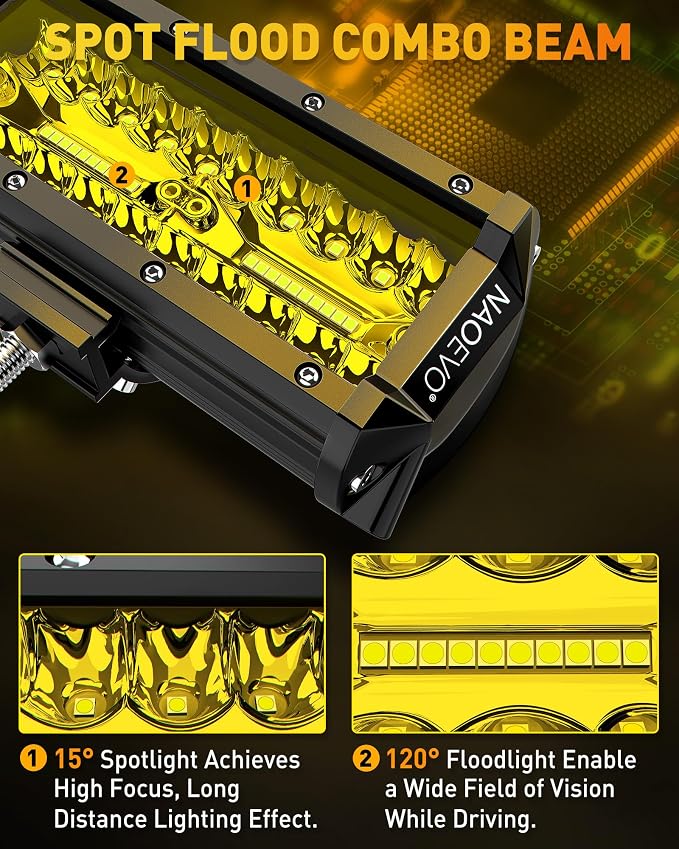 NAOEVO 7 Inch Yellow LED Light Bar, 240W 24,000LM Offroad Fog/Driving Lights LED Pods with 2 Leads Wiring Harness Kit, Spot & Flood Work for Truck Boat UTV ATV, 2-Pack (Yellow)