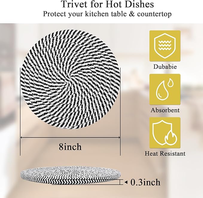 SHACOS 8 Inch Trivets for Hot Dishes, 4 Heat-Resistant Cotton Trivet Mats for Kitchen, Hot Pads for Countertops and Table, Pot Holders for Hot Pots and Pans, Black