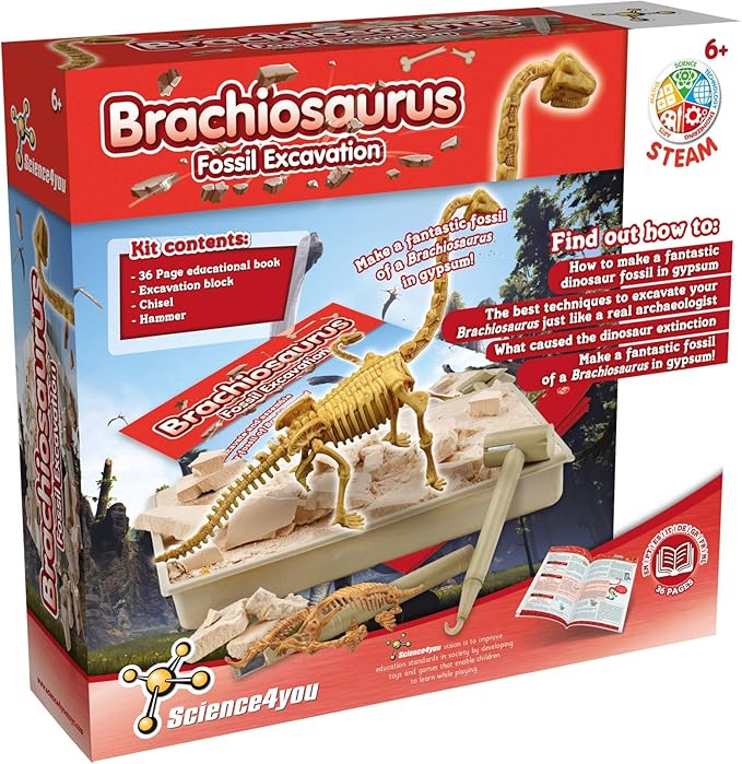Science4you Brachiosaurus Fossil Digging Kit for Kids - Excavate and Assemble 11 Pieces Dinosaur Fossil, Excavation Dig Kit + Dinosaurs for Kids, Games, Dinosaur Toys for Girls and Boys 6+ Years Old