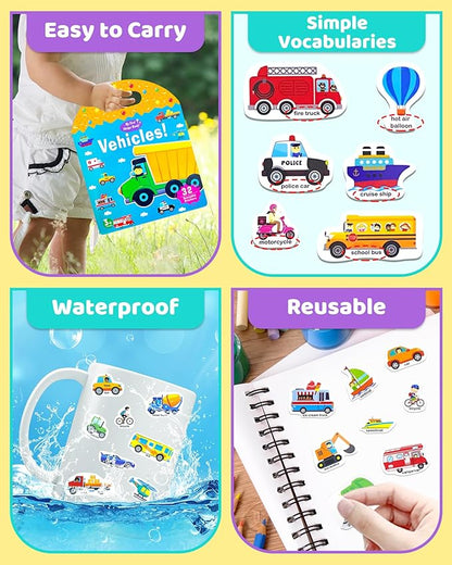 Benresive Reusable Sticker Book for Toddlers 2-4 Years, Fun Travel Stickers for Kids, Waterproof Sticker Books for Toddlers 1-3, Crafts Activities for Todddlers 1-3 2-4 3-5 - Transport