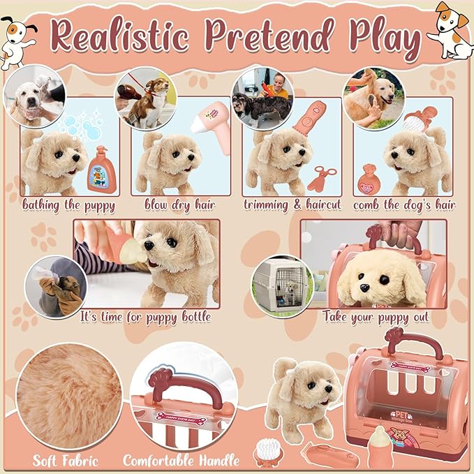 TEUVO Pet Care Play Set Robot Dog Toys for Kids 12Pcs Puppy Dog Toy Pet Walk Grooming Vet Toys Set with Interactive Electric Dog Plush & Cage Pretend Play Gifts for Girls Toddlers 3 4 5 6 7 8 Year Old