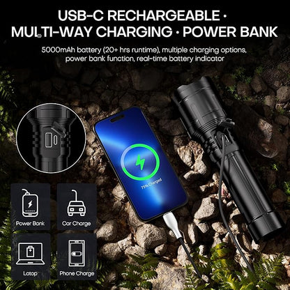 Rechargeable Flashlights High Lumens with Ignition Lens,2000 lumens LED Super Bright Zoomable FlashLight with 5 Mode, IPX6 Waterproof Powerful Tactical Flash light for Home,Gift,Outdoor and Emergency