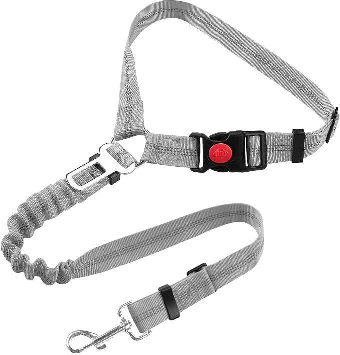 YAOHDAO Dog Seat Belt Harness for Car, Restraint Adjustable with Elastic Bungee Buffer Headrest for Vehicle, 360° Swivel Carabiner Nylon Pet Safety Seat Belts Heavy Duty Car Harness for Dogs (Grey)