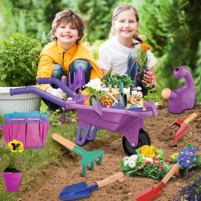 15 PCS Kids Gardening Tool Set for Girls Boys, Toddler Gardening Tools Set with Wheelbarrow, Flower Pot, Storage Bag, Rake, Fork, Shovel, Apron, Outdoor Garden Tool Play Set for Kids