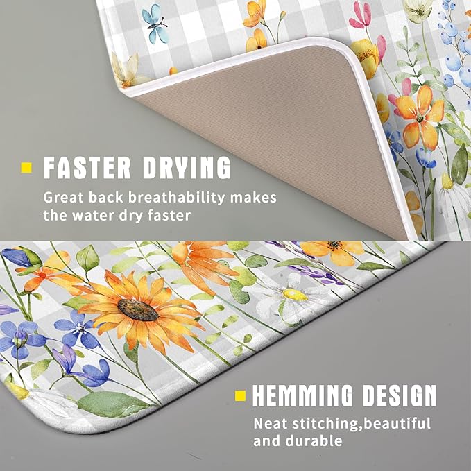 Giwawa Spring Floral Dish Drying Mat, Summer Flower Grey Buffalo Plaids Dish