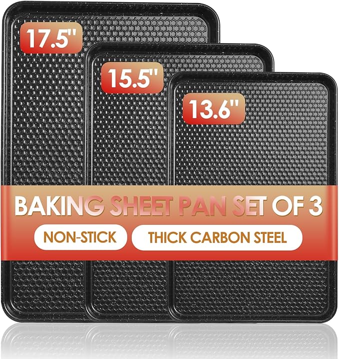 Baking Sheet Pan Set of 3, Nonstick Carbon Steel Cookie Sheets
