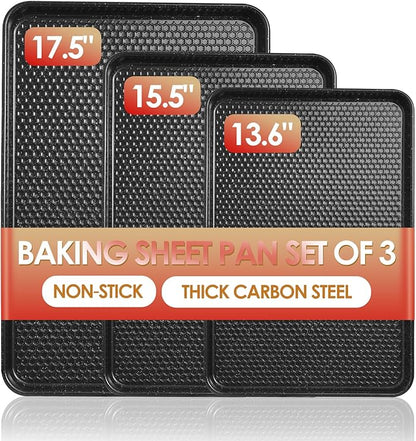 Baking Sheet Pan Set of 3, Nonstick Carbon Steel Cookie Sheets