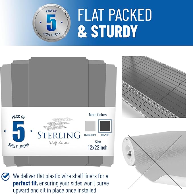 Sterling Shelf Liners for Wire Shelf System: Set of 5 in Graphite: 12 x 22 inch: Plastic Wire Shelving Mats