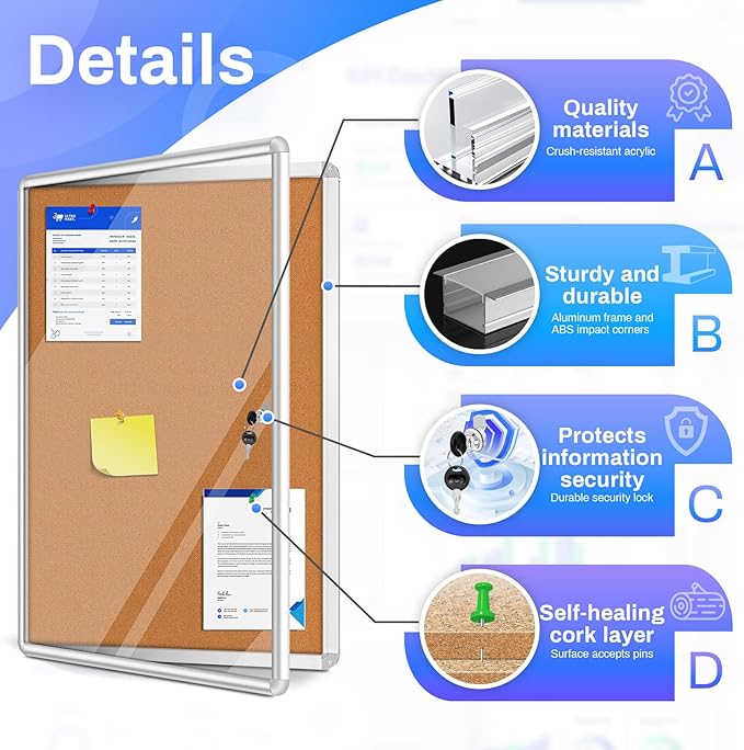 Magula Enclosed Cork Bulletin Board Tamper-Proof Dispaly Case, Aluminium Frame