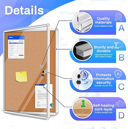 Magula Enclosed Cork Bulletin Board Tamper-Proof Dispaly Case, Aluminium Frame