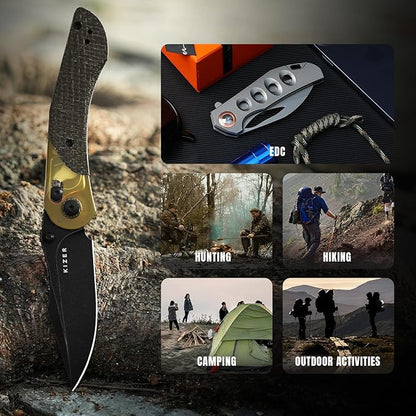 Kizer Mini Mystic Pocket Knife, 3.2" 154CM Blade EDC Hunting Survival Knife with Black Burlap Micarta and Yellow PEI Handle, Camping Folding Knives with Clutch Lock & Thumb Stud Opener, V3636C1
