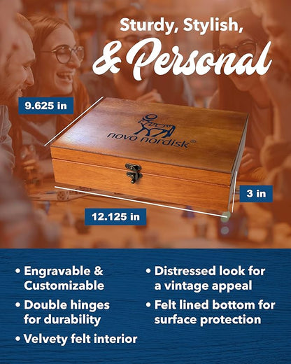 WE Games Wooden Memory Box for Keepsakes – Vintage Decorative Storage Box with Lid - Redwood Finish with Logo Print