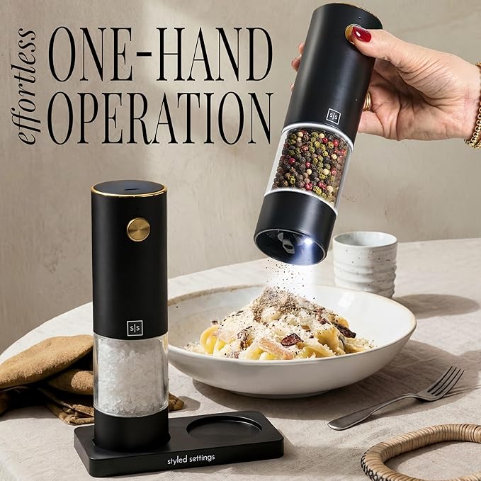 Electric Salt and Pepper Grinder Set Rechargeable – Black and Gold Salt and