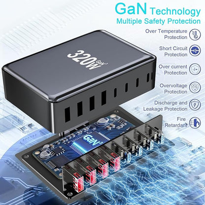 320W USB C Charger Block, 8-Port Fast USB Charging Station Hub PD 100W GaN Ⅲ