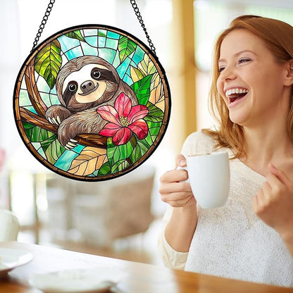 AMDERVEN Stained Glass Window Hanging, Cute Sloth Sun Catcher
