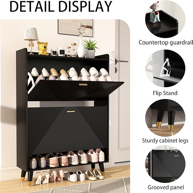 Shoe Cabinet Storage for Entryway: 32" Black Shoe Organizer Cabinet