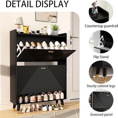 Shoe Cabinet Storage for Entryway: 32" Black Shoe Organizer Cabinet