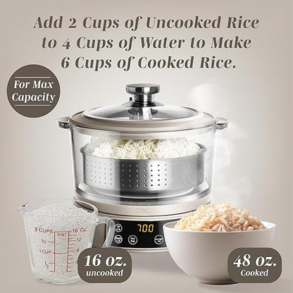 COOK WITH COLOR 3L Glass Mini Low Carb Rice Cooker – Holds 2 Cups Raw/Makes 6