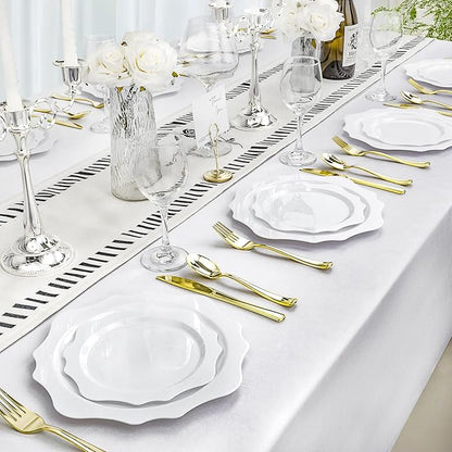 100 PCS White Disposable Plates for 50 Guests, Scalloped Plastic Plates Include 50 Dinner Plates and 50 Dessert Plates for Party, Wedding