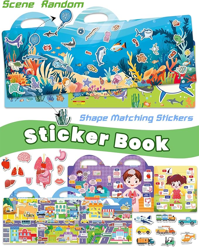 Reusable Sticker Book for Toddlers 2-4 Years, Stickers for Kids, Toddler Sticker Book Ages 1-3, Toddler Craft Activities, Toddlers Travel Toys Ages 2+ Boy Girl Birthday Gifts