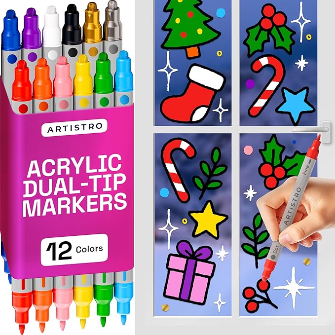 ARTISTRO 12 Acrylic Paint Markers for Rock, Fabric, Wood, Glass, Craft, Decoration - Dual-Tip Paint Pens - Stocking Stuffers, Christmas Gift Idea for Teens, Grandkids, Kids - Art Supplies