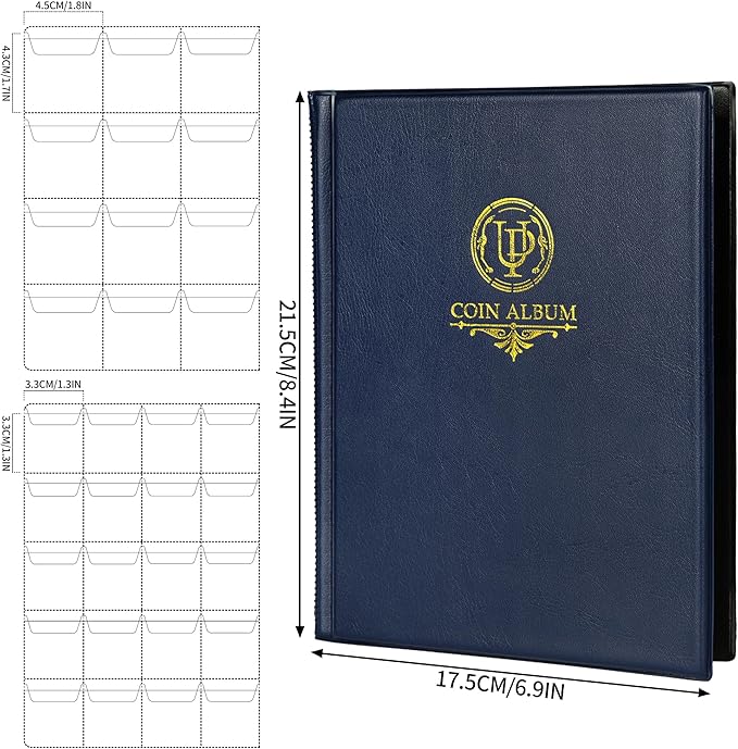 160 Pockets Coin Album - 10 Sheets Mixed Sizes Coin Holder 45x43/33x33 mm Collecting Grid for Pounds Pence Cents (Blue) CS48160BL