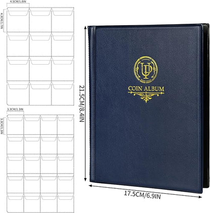 160 Pockets Coin Album - 10 Sheets Mixed Sizes Coin Holder 45x43/33x33 mm Collecting Grid for Pounds Pence Cents (Blue) CS48160BL
