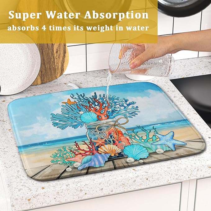 Coastal Coral Dish Drying Mat 16x18 inch Starfish Shell Fast Dry Microfiber