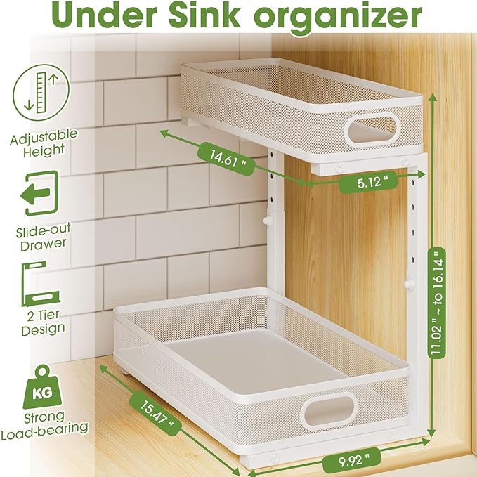 Under Sink Organizer 4-Pack, Metal 2-Tier Pull-Out Cabinet Shelf