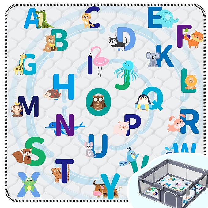 Baby Play Mat，Thick Soft 50" X 50" Playpen mat, Non-Slip and Machine Washable Baby Play Mats for Floor，Crawling Mat for Babies, Toddlers & Infants to Play and Learn (Animal Alphabet)
