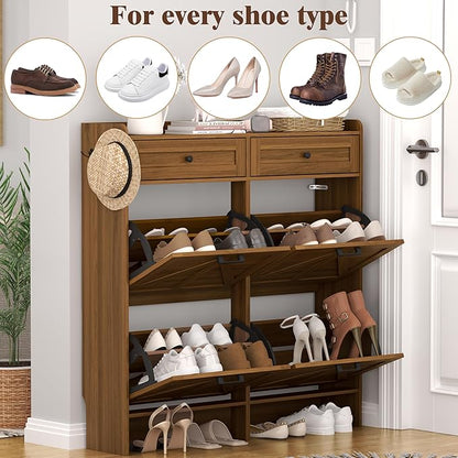 Shoe Cabinet with 4 Flip Drawers & 2 Storage Drawers, Rustic Farmhouse Narrow