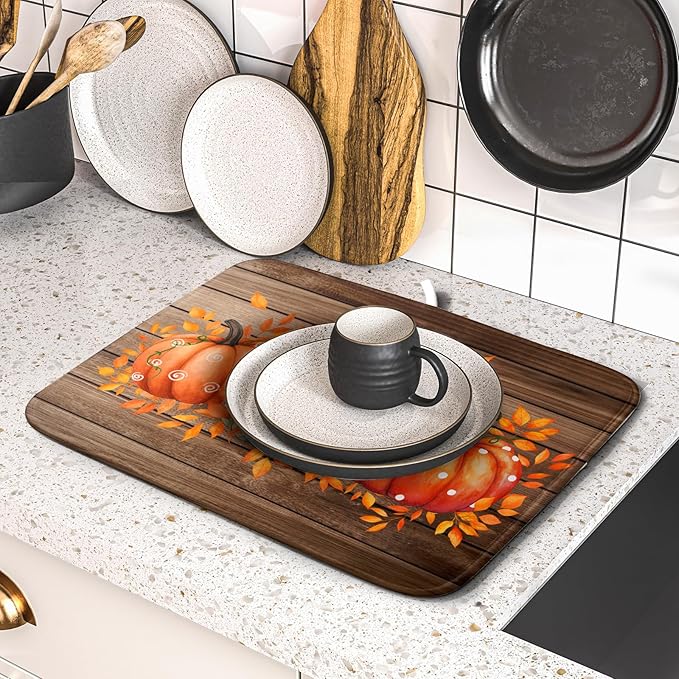 Autumn Pumpkin Dish Drying Mat Rustic Wood Dish Drainer Mats Fast Dry