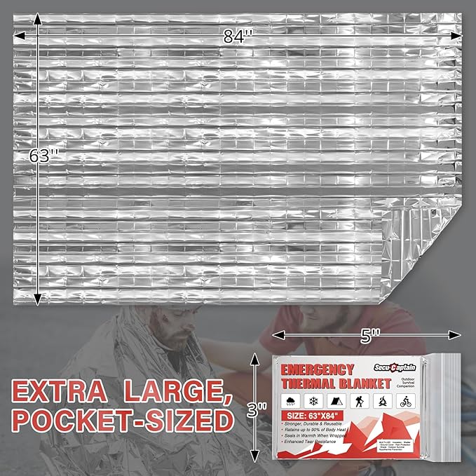 SecuCaptain Survival Emergency Thermal Blankets: Extra Large 84??x63??Space Mylar Blanket Kit for Outdoor Cold Winter Camping Hiking Car Bug Out Bag or First Aid - 4 Pack