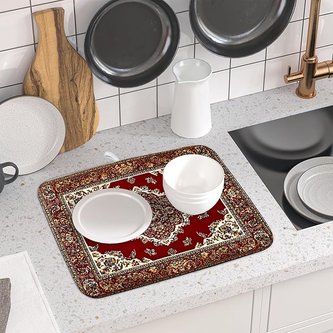 Giwawa Vintage Boho Dish Drying Mat Antique Tribal Rustic Red Floral Dish