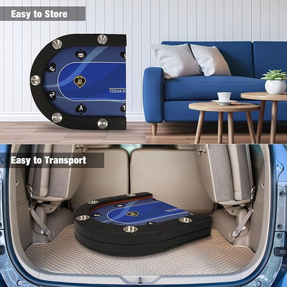 LUCKYERMORE Upgraded 10 Players Poker Table with Stainless Steel Cup Holder, 84”Folding Casino-Style Texas Game Poker Tables with Padded Rails, Blue Felt Surface, Fully Assemble