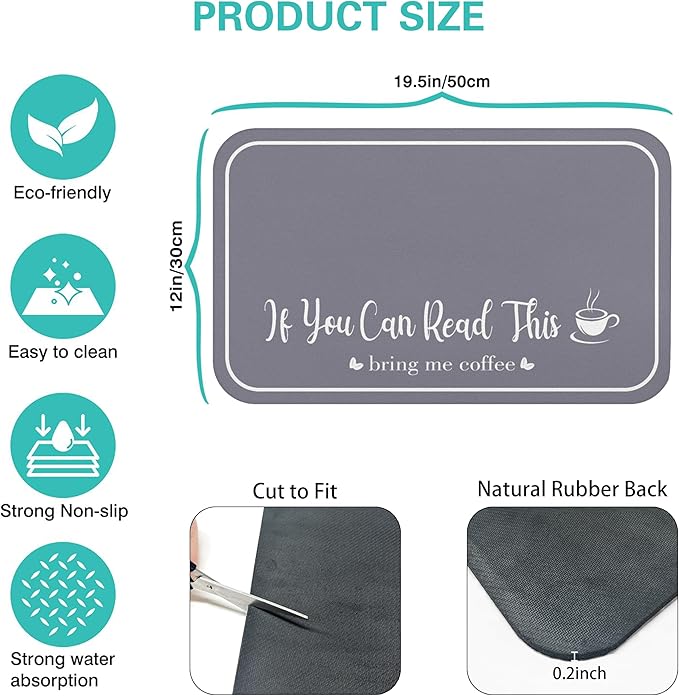 Coffee Bar Mat for Countertops 19inx12in, Absorbent Hide Stain Anti-Slip Cafe